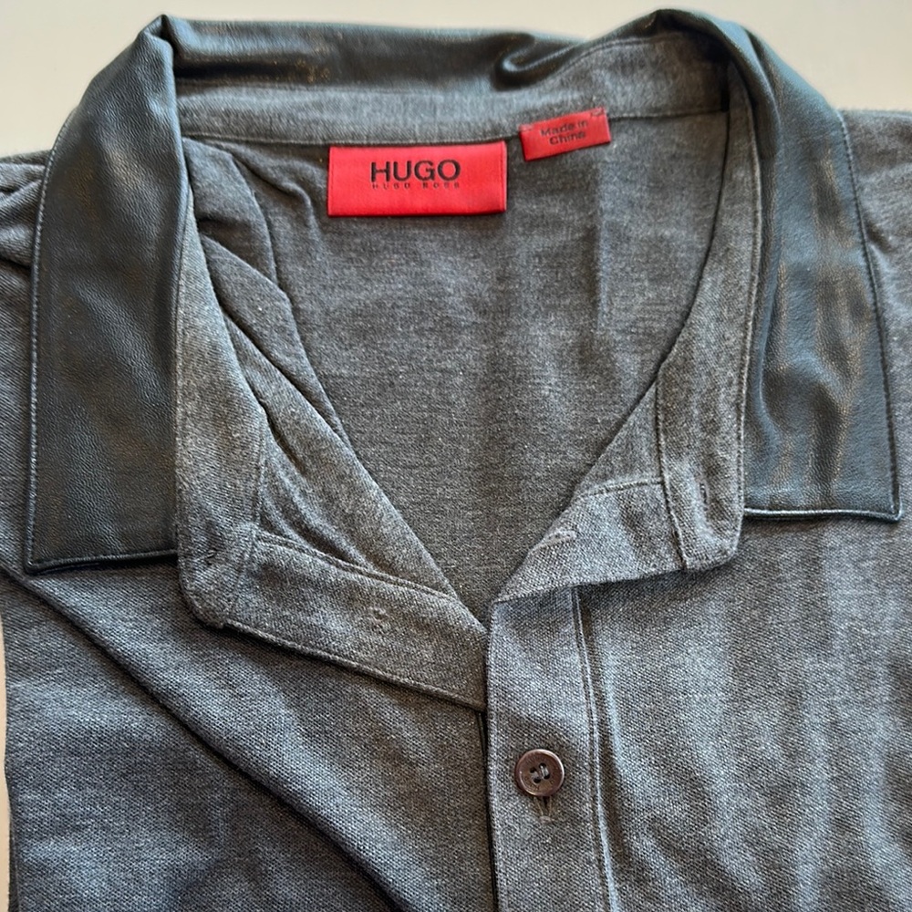 HUGO Gray Casual Button Down Shirt with faux leather Spread Collar